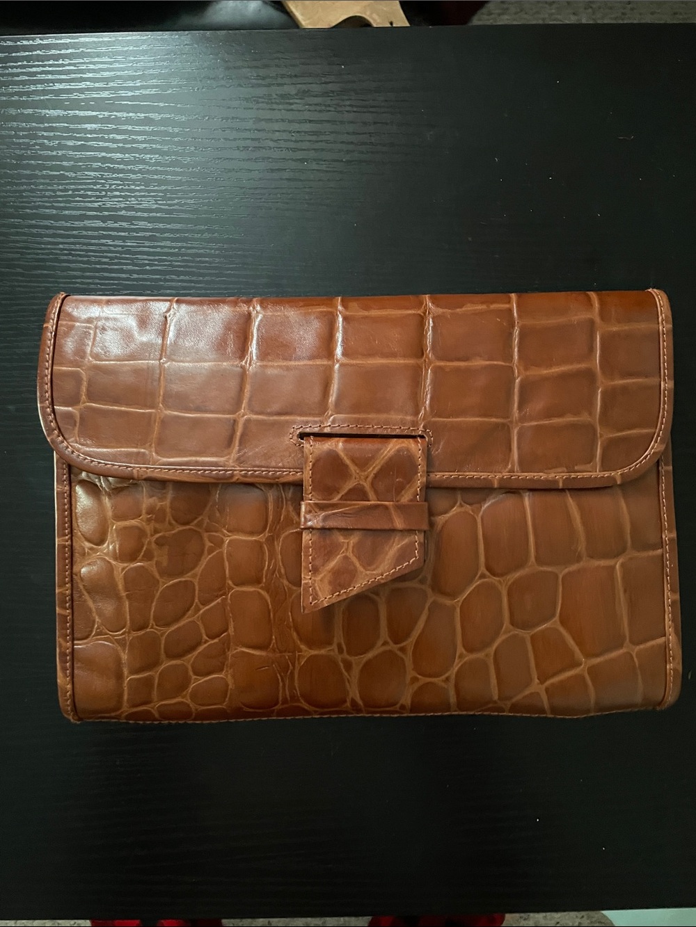 Croc-Embossed Leather Clutch Wristlet - Brown
